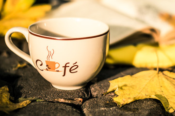 cup of coffee when standing on the pavement in the park
