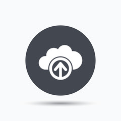 Upload from cloud icon. Data storage sign.