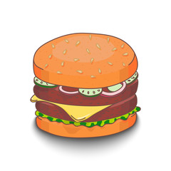 Cute hand-drawn cartoon style hamburger with shadow on white background.