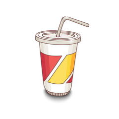 Cute hand-drawn cartoon style cup with drink. Shadow on white background.