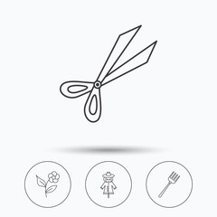 Scissors, flower and pitchfork icons.