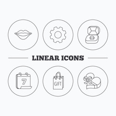 Gift box, lips kiss and wedding jewelry icons.
