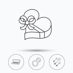 Jewelry, gift box and wedding ring icons.