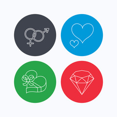 Love heart, gift box and brilliant icons.