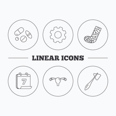 Hammer, broken leg and medical pills icons.