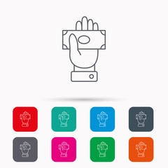 Money icon. Cash in giving hand sign.
