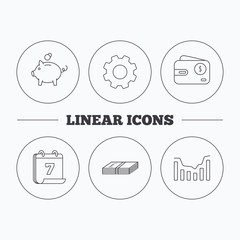 Piggy bank, cash money and dynamics chart icons.