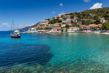 Fototapeta na wymiar Blue waters in Assos village and beautiful sea bay, Kefalonia, Ionian islands, Greece