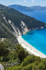 View of beautiful Myrtos bay road to beach, Kefalonia, Ionian islands, Greece