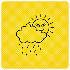 Rain and sun icon. Water drops with cloud sign.