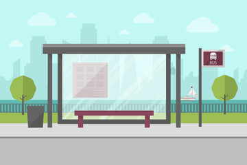 Vector Illustration of Bus Stop with City Skyline and River with Boat in Background. Flat Design Style. 