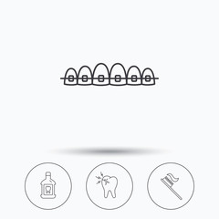 Toothache, dental braces and mouthwash icons.