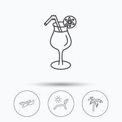 Airplane, deck chair and cocktail icons.