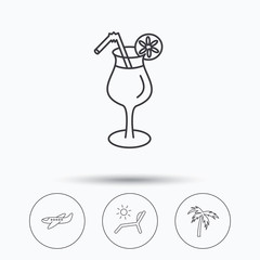 Airplane, deck chair and cocktail icons.