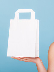 White paper shopping bag with copy space on hand