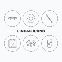 Medical mask, pills and scalpel icons.