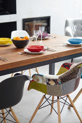 Modern dining room with dining table.  Small depth of field