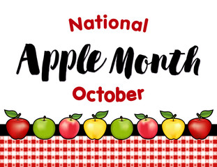 Apple Month, national holiday each October in USA, red and golden Delicious, green Granny Smith and Pink apple fruits, red gingham check tablecloth background.