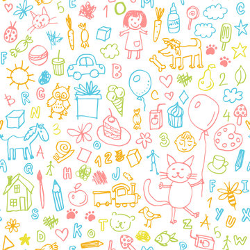Funny children drawing vector doodle seamless pattern