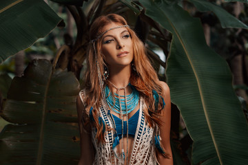 fashion model portrait outdoors. ethnic style