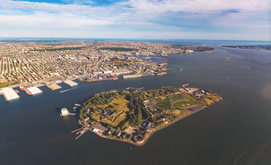 Aerial view of the Governors Island with Brooklyn in the background