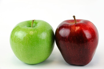 green and red apples on white background