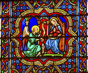 Fototapeta na wymiar Annunciation Angel Mary Stained Glass Notre Dame Cathedral Paris