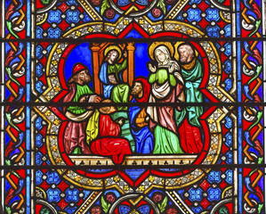 Fototapeta na wymiar Mary Jesus JosephStained Glass Notre Dame Cathedral Paris France