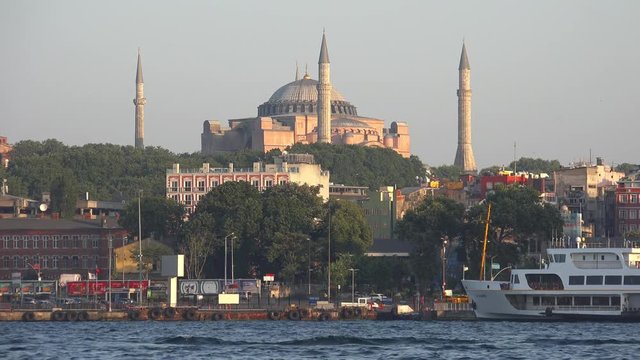 The view of Hagia Sophia Museum over Golden Horn bay, Istanbul, Turkey