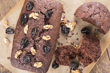 Chocolate cake with prune and walnuts