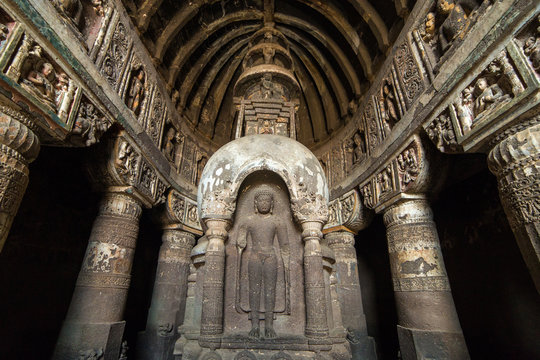 Statue of Buddha in Ellora caves near Aurangabad, Maharashtra state in India