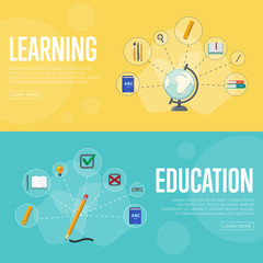 Banners of education and learning infographics concept icons background flat design vector illustration