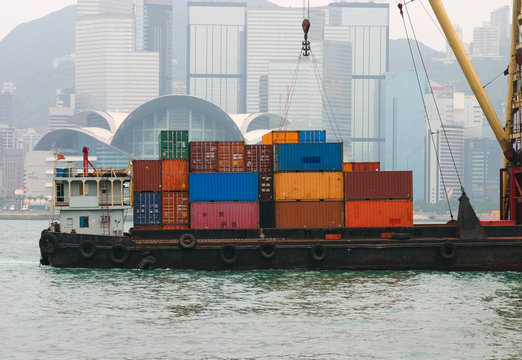 Container Shipping On A Barge In Victoria Harbour - Hong Kong