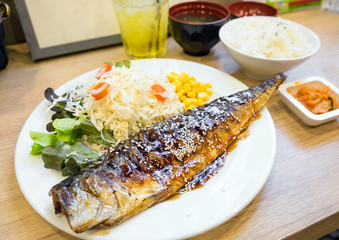 Grilled Saba fish sauce soy with vegetable for healthy