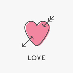 Heart arrow sign symbol. Thin line icon. Pink color. Isolated. White background. Flat design. Love greeteng card.