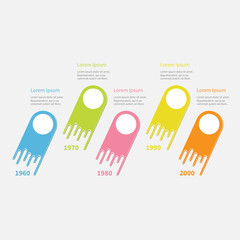 Five step Timeline Infographic. Round circles. Colorful comet shape segment. Template. Flat design. White background.