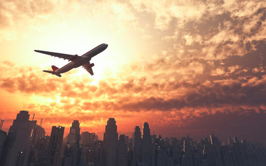 airplane flying over the city 3d rendering