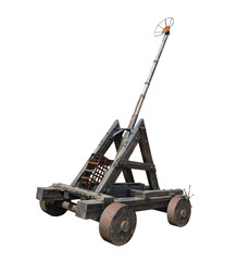 Medieval trebuchet or catapult from the 12th century. Vintage weapon isolated on white background.