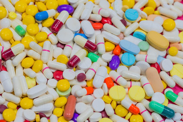 Fototapeta na wymiar Variety of colorful medication . Top View, Closeup. Use for back