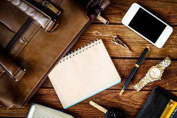 Man accessories on wooden background Top view with copy space