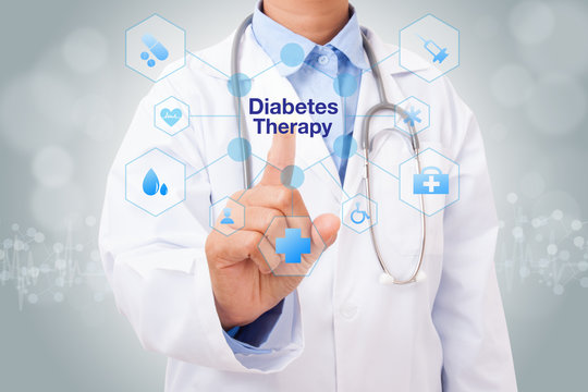 Doctor Hand Touching Diabetes Therapy Sign On Virtual Screen. Medical Concept