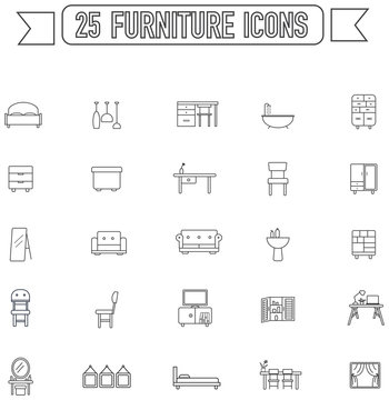 Flat line silhouette  furniture and home appliance interior graphic sign and symbol icon collection set, create by vector 