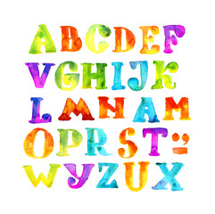 handmade kid watercolor alphabet. paint grunge color letters. child bright ABC 