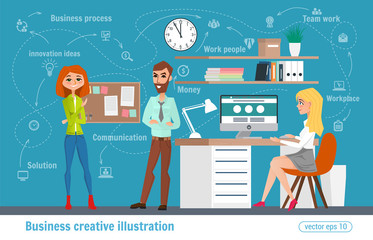 Business creative illustration. Women and man. Businessman character office worker professional