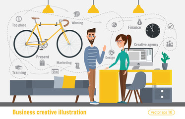 Business creative illustration. Women and man. Businessman character office worker professional