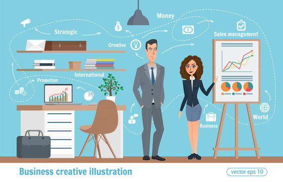 Business creative illustration. Women and man. Businessman character office worker professional