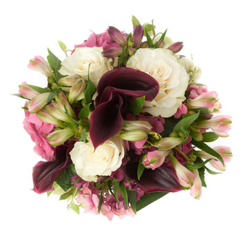 Bridal bouquet with calla and rose seen from above