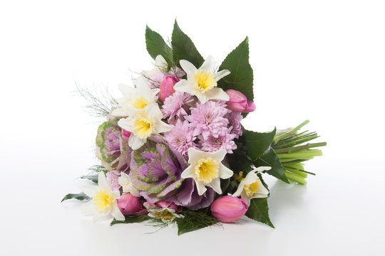 Daffodil, chrysanthemum, tulips and brassica flowers bouquet