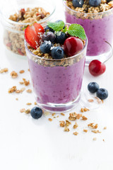 Blueberry dessert with fresh berries and granola 