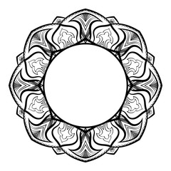 round frame with hand drawn watercolor doodles. blue tribal ethnic background with space for text